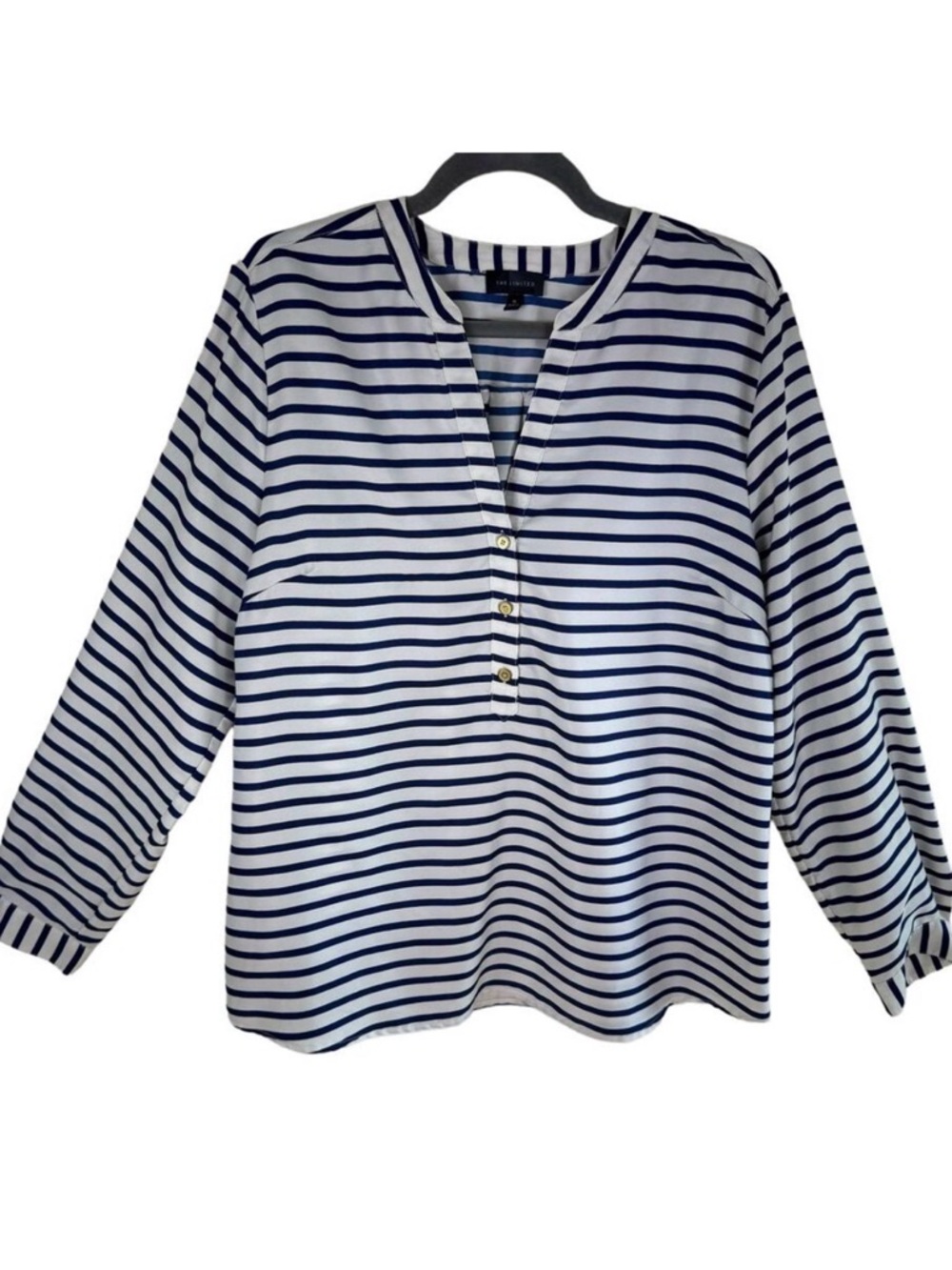 The Limited Blue White Striped Silky 1/4 Button Pullover Blouse Size XL